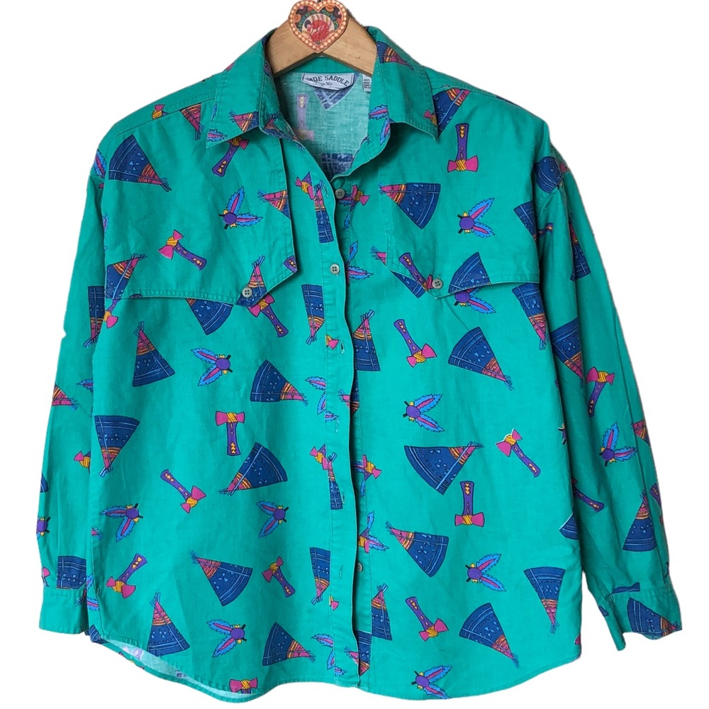 Vintage Western Novelty Print Button-up M Cotton by Side Saddle Copyrigh…